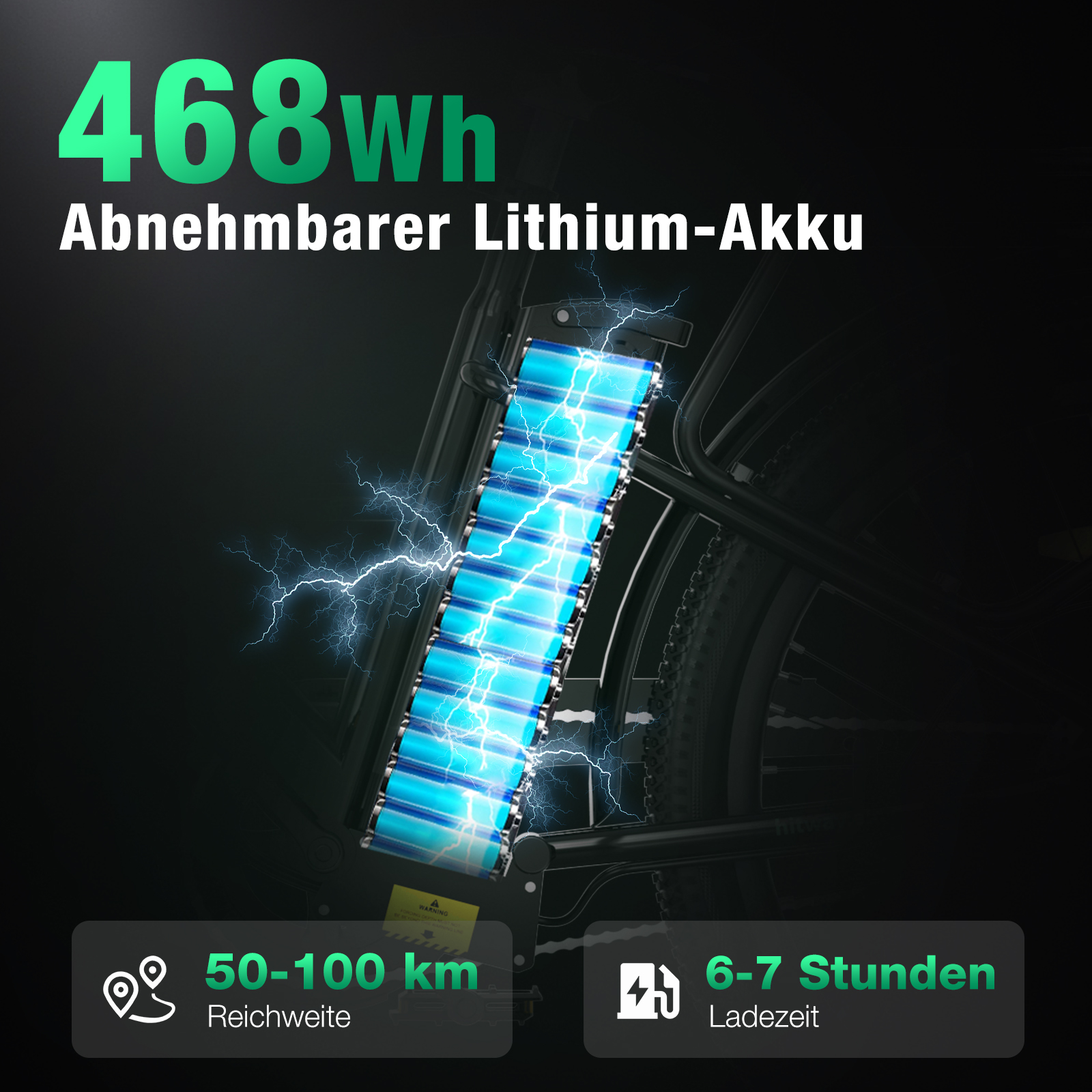 Das Bild zeigt einen Elektrofahrrad-Akku mit Blitzgrafiken. Text zeigt '468Wh' und 'abnehmbarer Lithium-Akku'.
