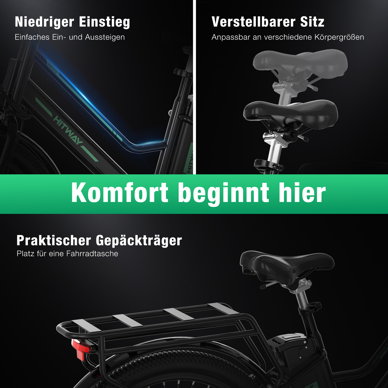 Ein E-Bike mit niedrigem Einstieg, verstellbarem Sitz und Gepäckträger. Text hebt Komfort und Benutzerfreundlichkeit hervor.