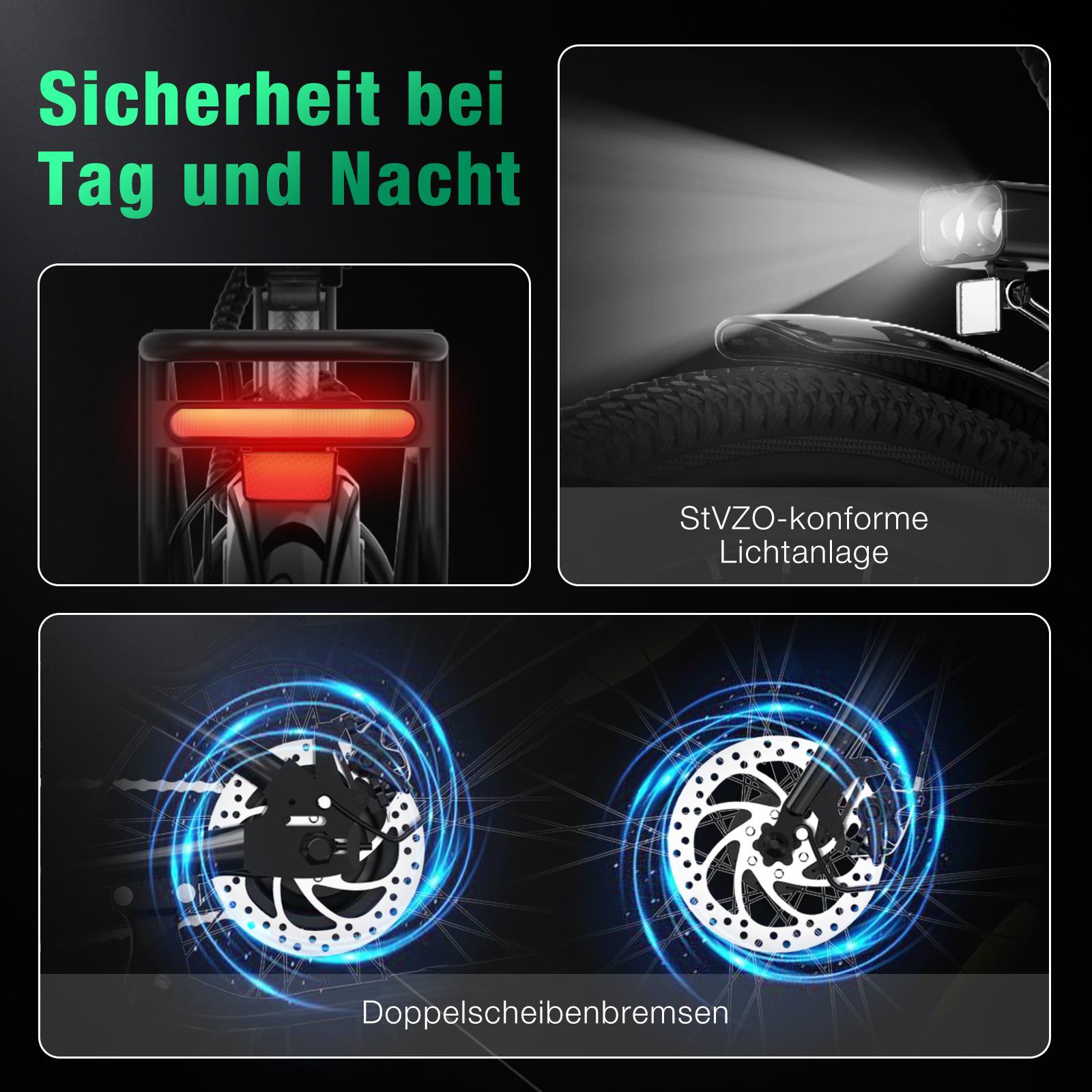 Das Bild zeigt Fahrradlichter, Rücklicht und Scheibenbremsen. Text auf Deutsch: Sicherheit bei Tag und Nacht. StVZO-konforme Lichtanlage.