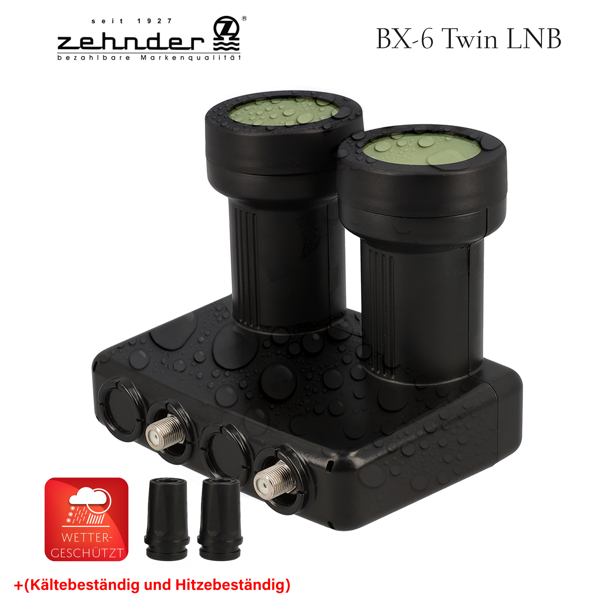 Schwarzer LNB-Empfänger mit zwei Köpfen, grünen Kappen und einem roten Wetterschutz-Symbol. Enthält zwei schwarze Kappen.