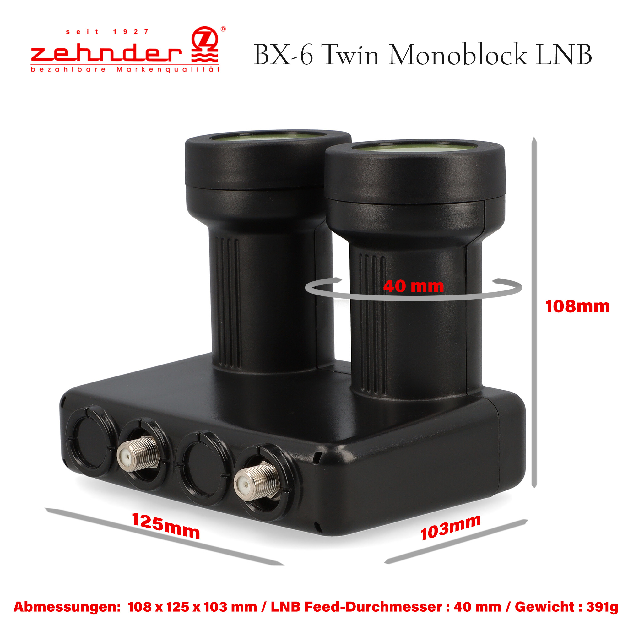 Schwarzes BX-6 Twin Monoblock LNB. Abmessungen sind angegeben. Markenlogo oben links sichtbar.