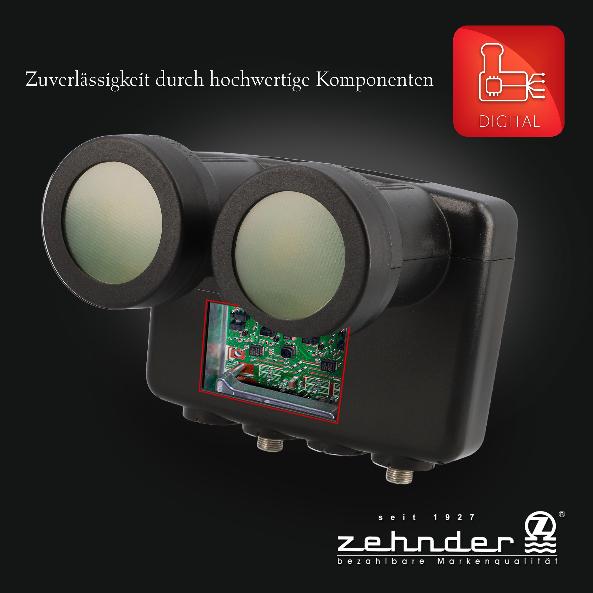 Schwarzes Gerät mit zwei Linsen, Detail einer Leiterplatte und einem digitalen Symbol auf dunklem Hintergrund. Zehnder-Logo unten.