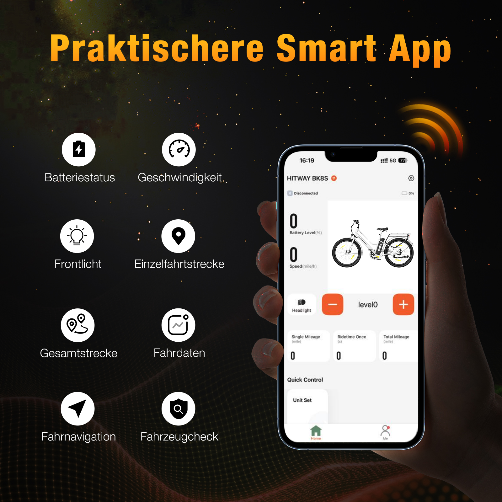 Ein Telefon zeigt eine E-Bike-App an. Sie zeigt Batterie, Geschwindigkeit und andere Daten mit Symbolen und einer Hand.