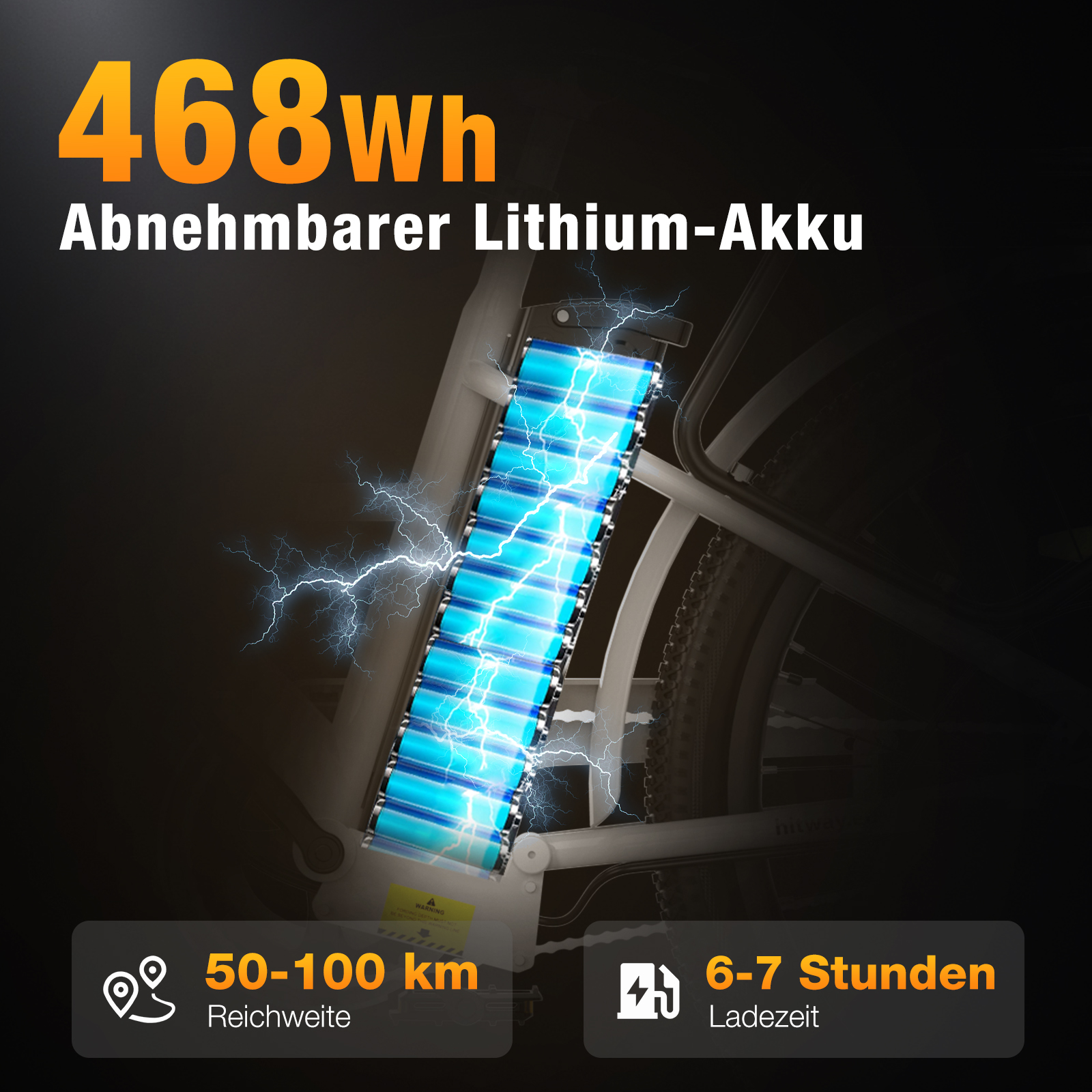 E-Bike-Akku mit Blitzeffekten, Textdetails: 468Wh, herausnehmbarer Lithium-Akku, 50-100km Reichweite, 6-7 Stunden Ladezeit.