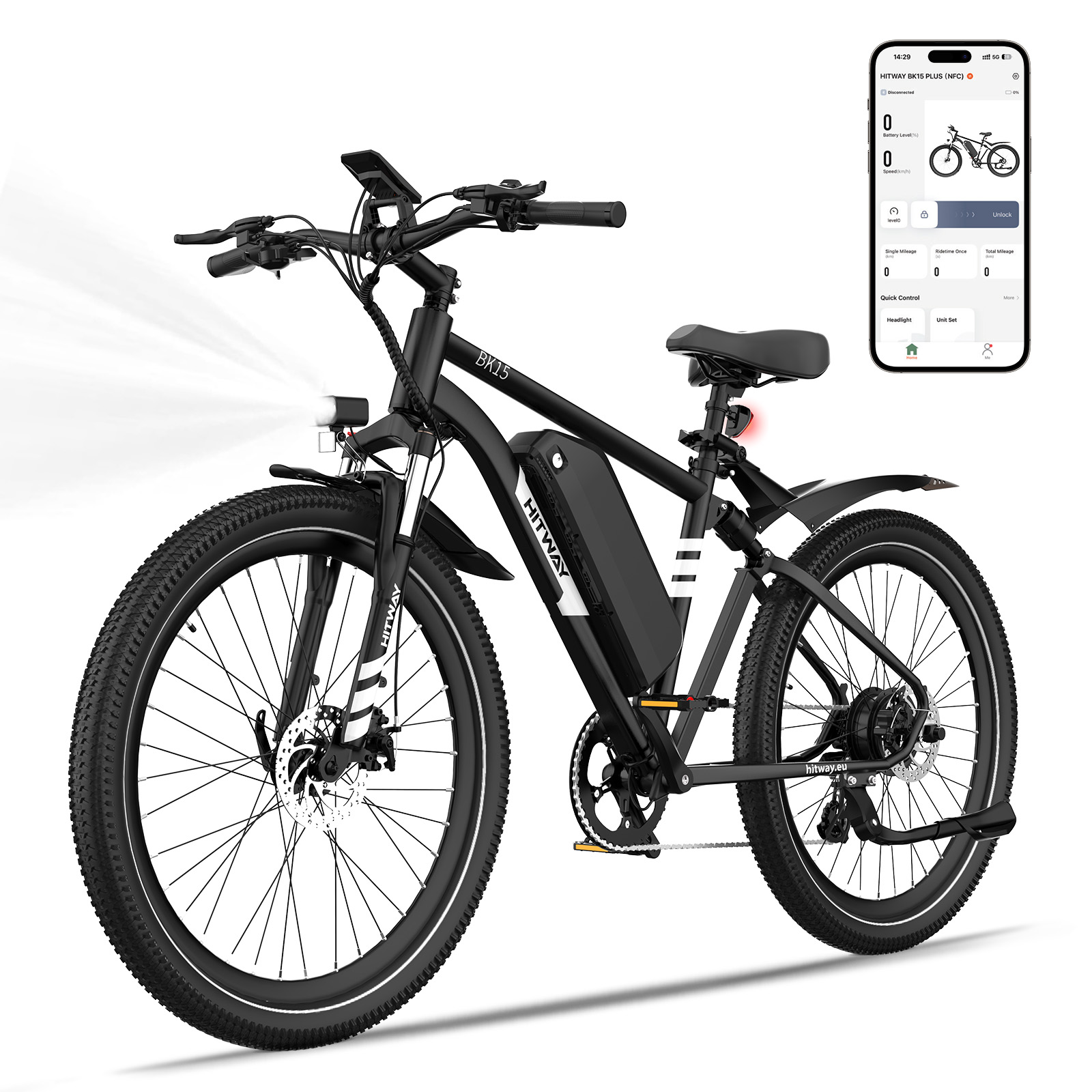Zwarte HITWAY BK15 elektrische fiets. Heldere koplamp. Telefoonscherm toont batterij en snelheid. Witte achtergrond.