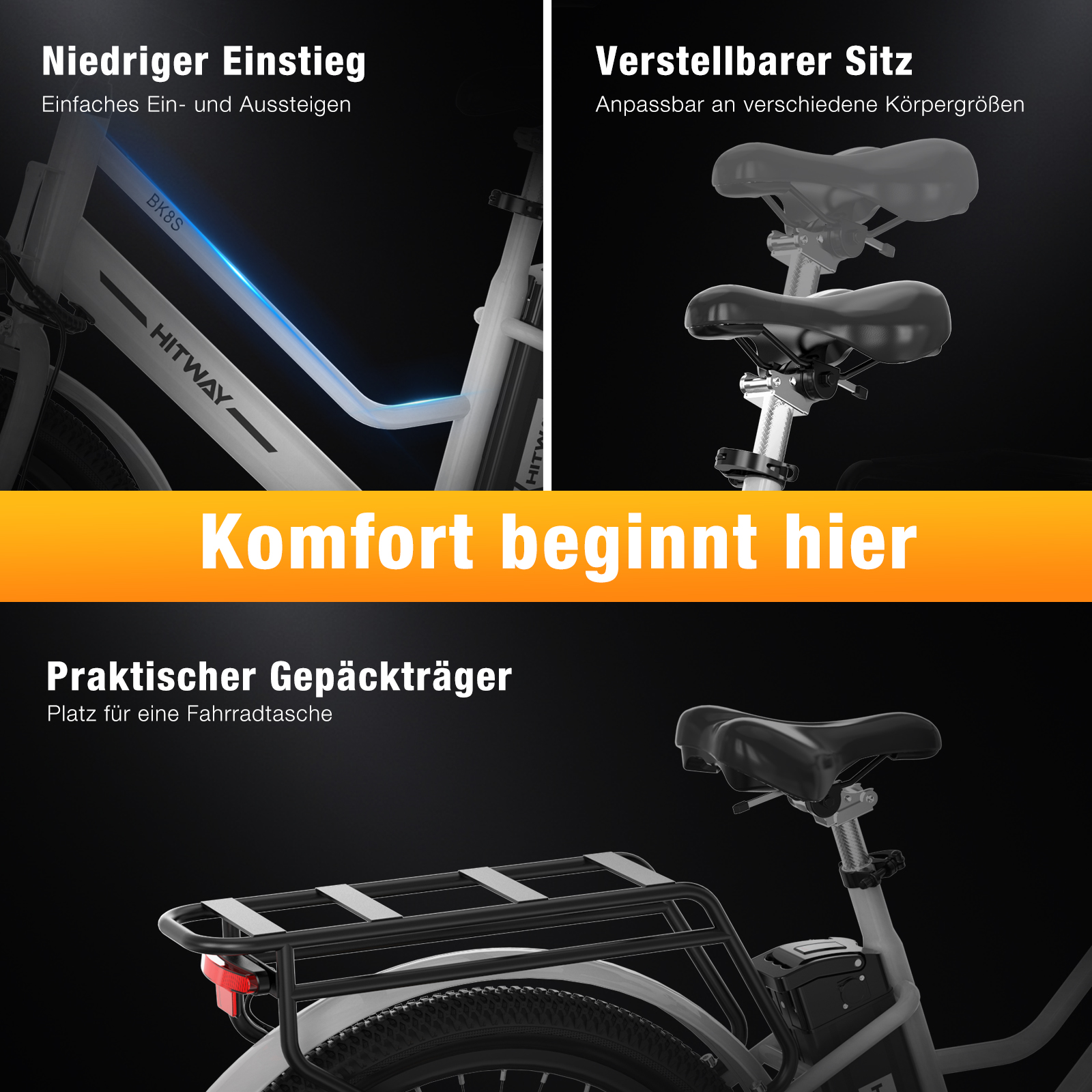 Ein Fahrrad mit niedrigem Einstieg, verstellbarem Sitz und Gepäckträger. Weißer Rahmen, schwarzer Sitz und Träger.
