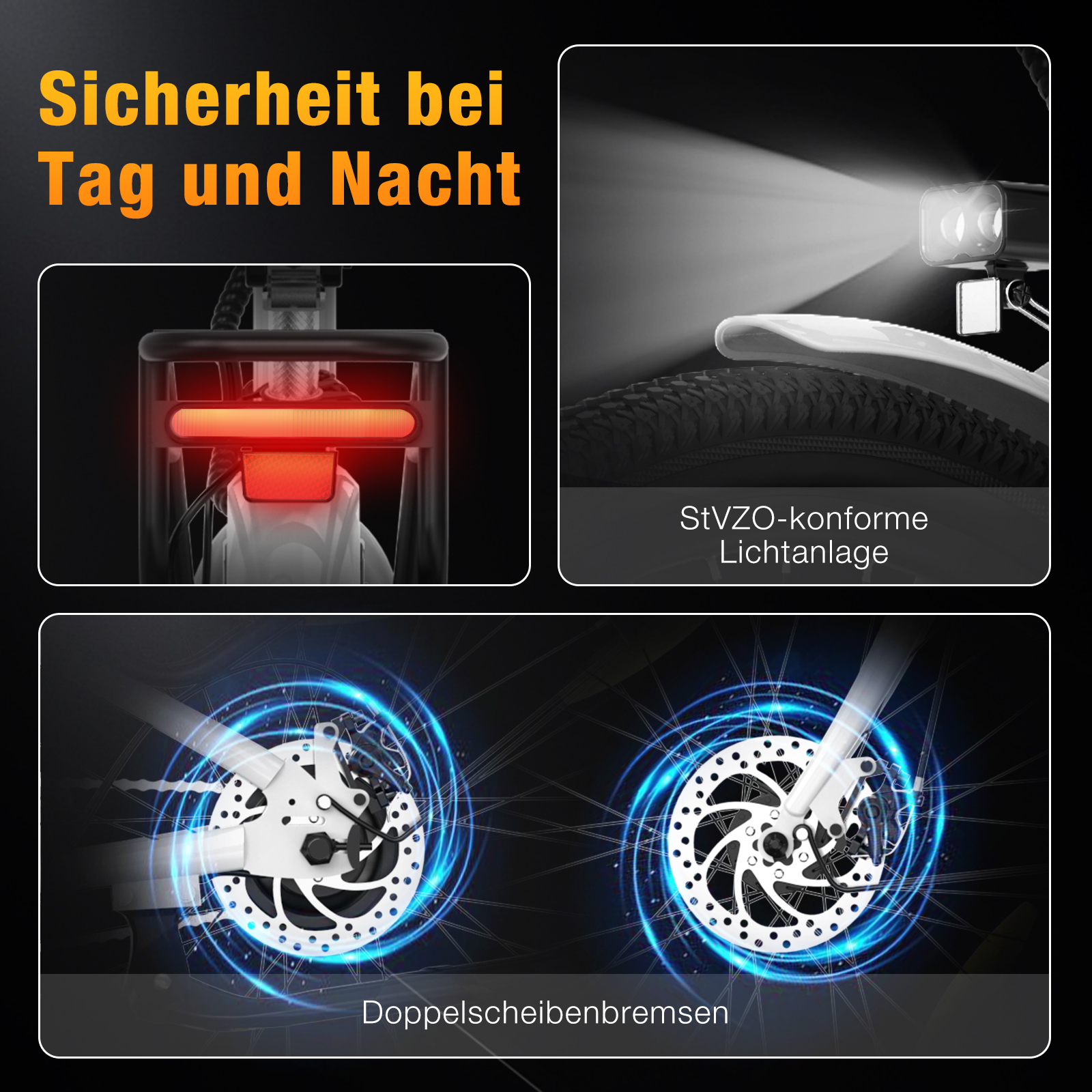 Das Bild zeigt Fahrradlichter, Rücklicht und Scheibenbremsen, mit deutschem Text: Sicherheit Tag und Nacht. Komponenten sind hervorgehoben.