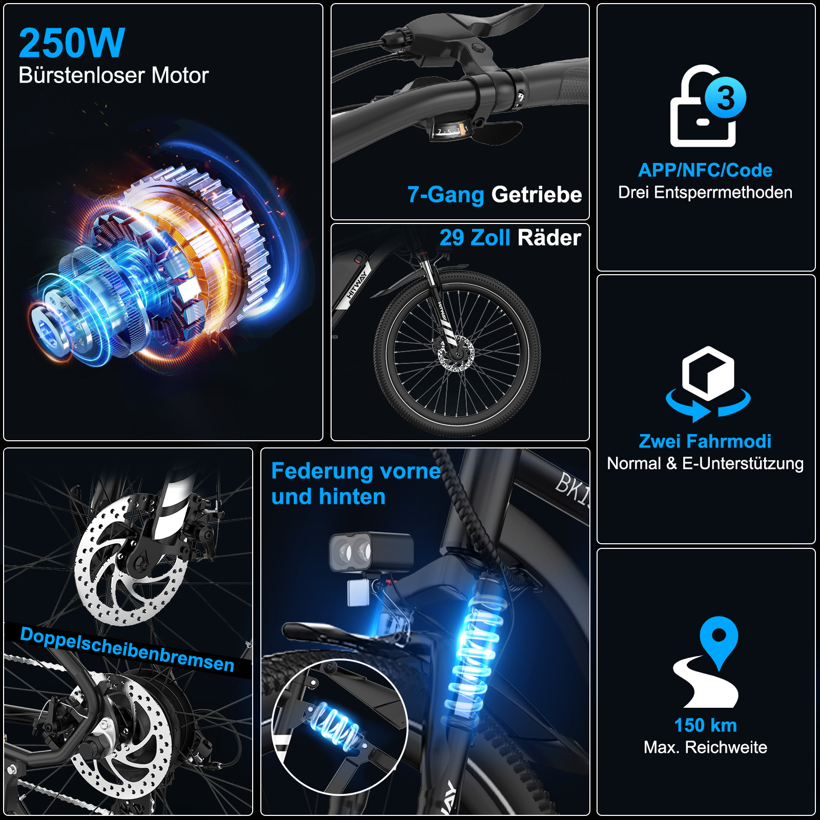 Ein E-Bike mit Funktionen wie einem 250-W-Motor, Scheibenbremsen, 7-Gang-Getriebe, 29-Zoll-Rädern und zwei Fahrmodi.