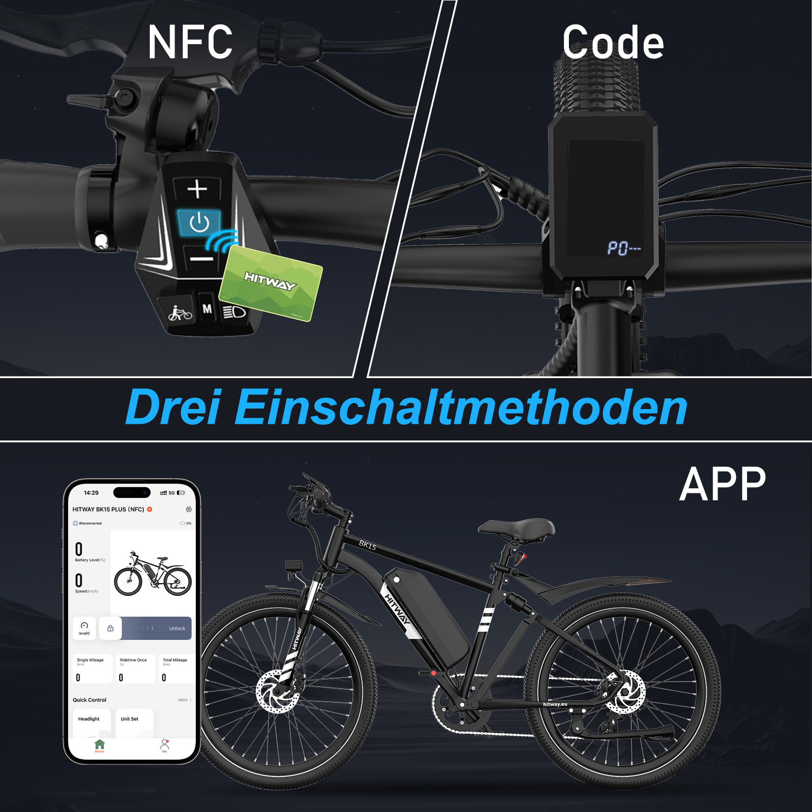 Das Bild zeigt drei Methoden zur Aktivierung des E-Bikes: NFC, Code und App. Ein schwarzes E-Bike steht im Zentrum mit einem Telefon-Display.