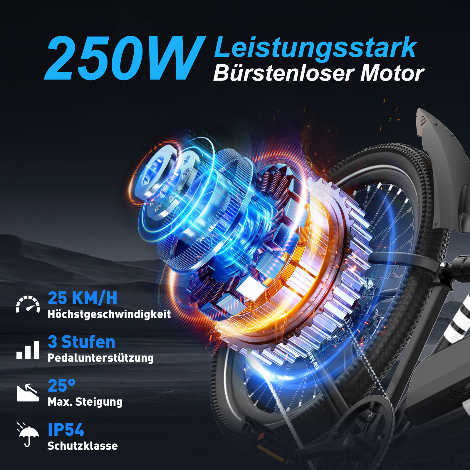 Detail eines Elektrofahrrads mit Motor, Rad und Spezifikationen: 250 W, 25 km/h, 3 Tretunterstützungsstufen, 25° max Steigung, IP54.