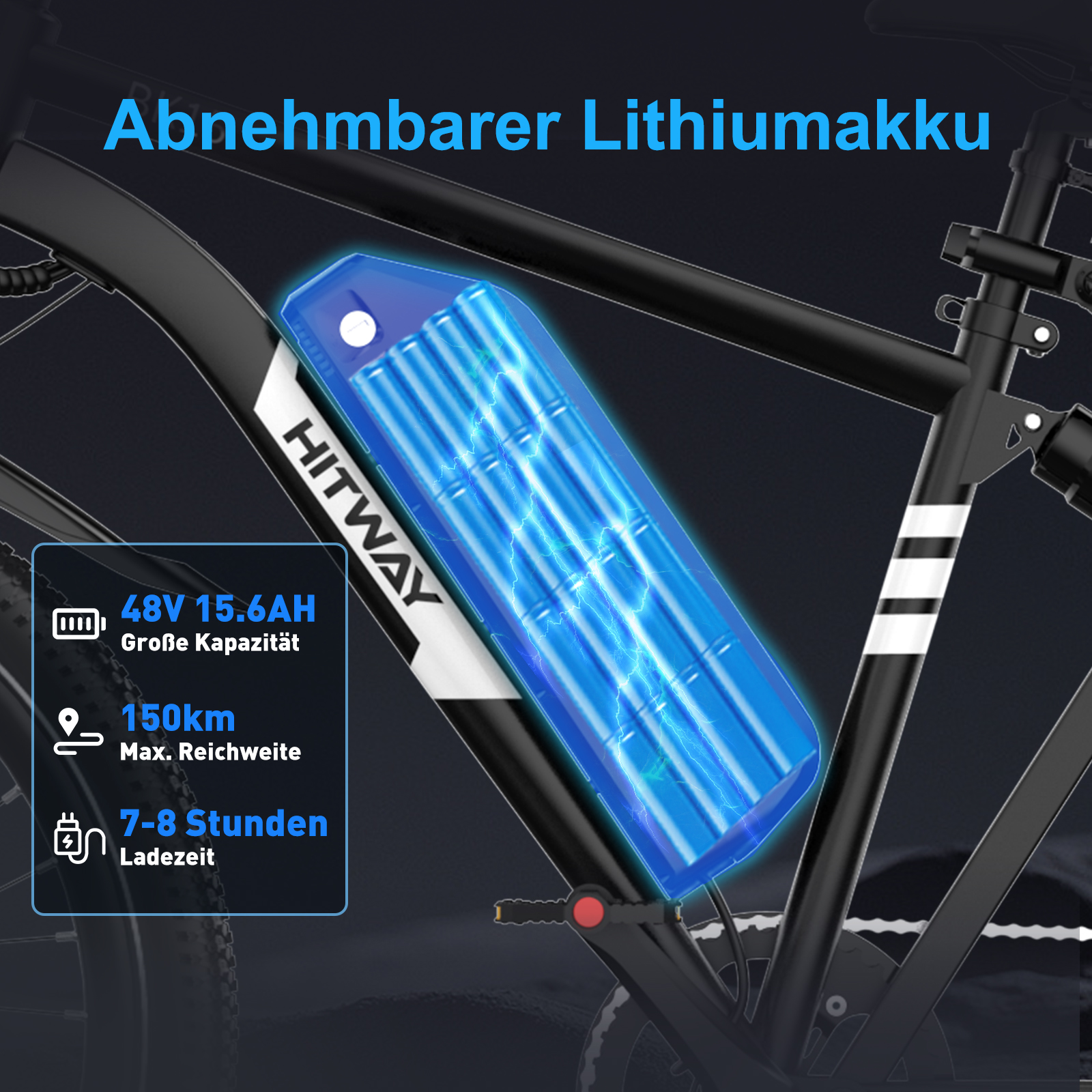 Schwarzes E-Bike mit blauem Akku, Text besagt 48V 15,6AH, 150km Reichweite und 7-8 Stunden Ladezeit.