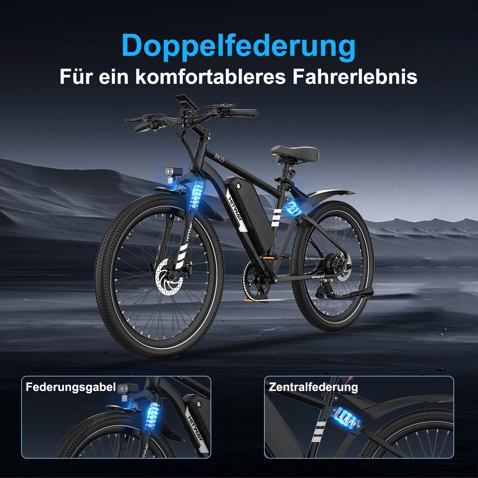 Schwarzes Elektrofahrrad mit blauen Akzenten, der Text oben lautet 'Doppelfederung'. Zusätzliche Details des Fahrrads sind unten gezeigt.