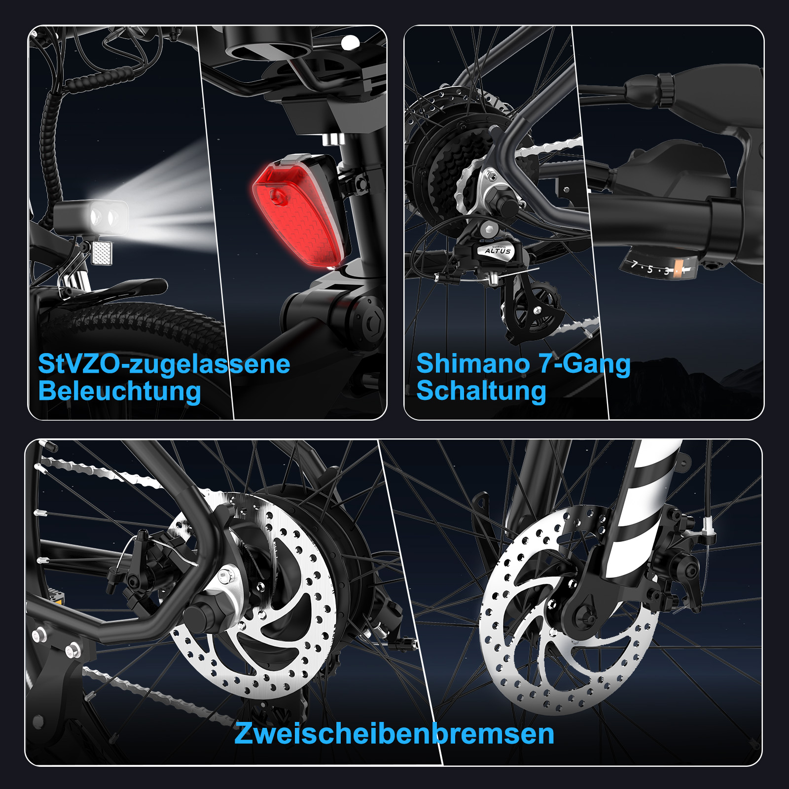 Fahrradkomponenten: Lichter, Rücklicht, Gänge, Scheibenbremsen. Text in Deutsch. Teile sind schwarz und silber.