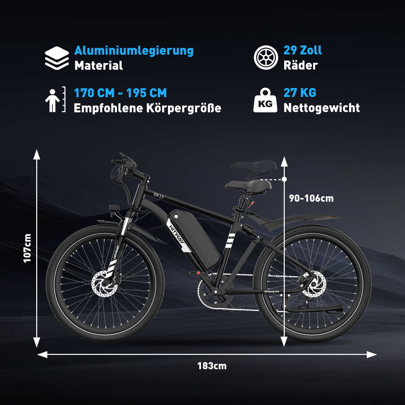 Schwarzes HITWAY E-Bike, 183cm lang, mit 29-Zoll-Rädern. Merkmale sind Aluminiumrahmen, 27kg Gewicht und 107cm Höhe.