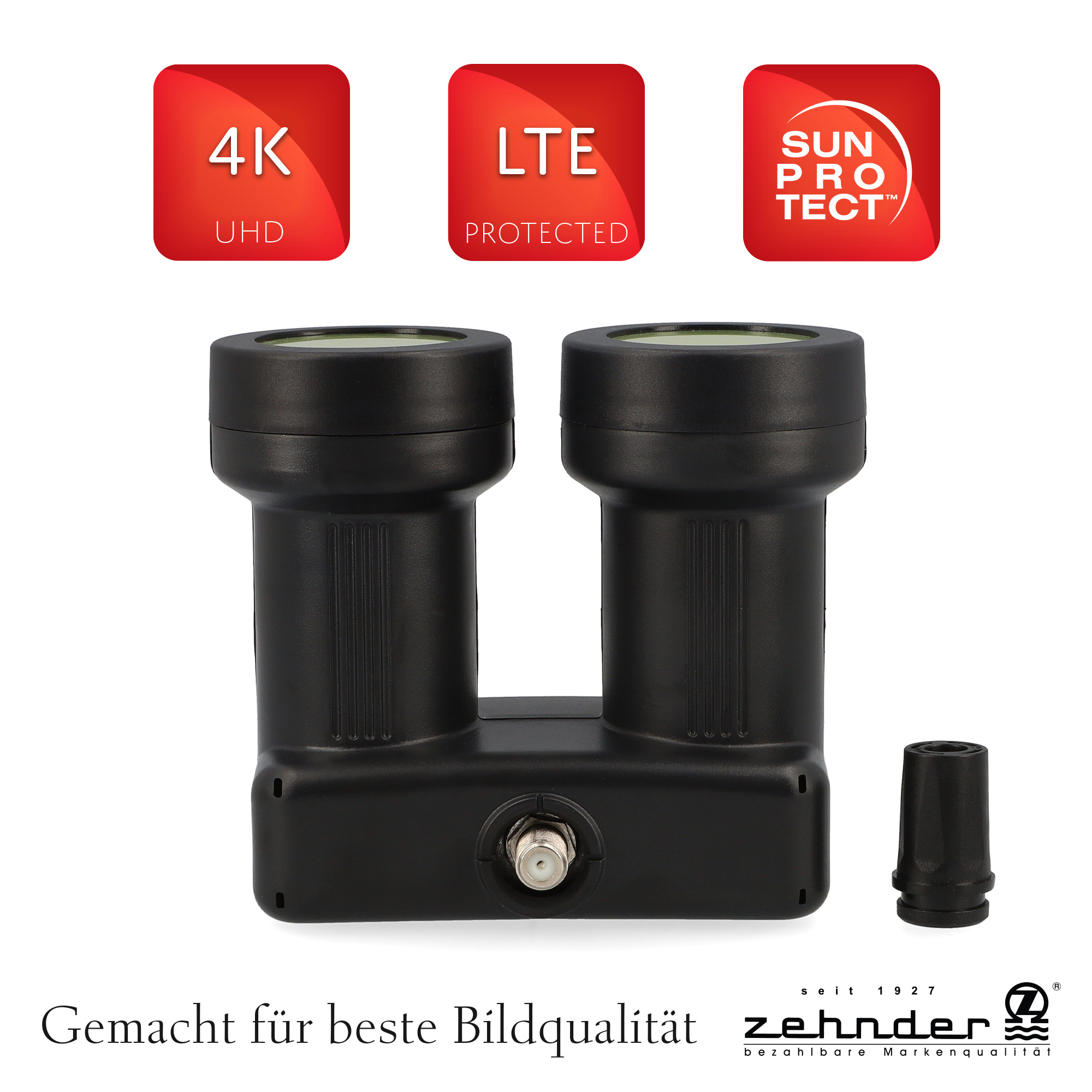 Schwarzer Satellitenreceiver mit drei roten Kästchen mit der Aufschrift 4K UHD, LTE Protected und Sun Protect. Zehnder-Logo unten.