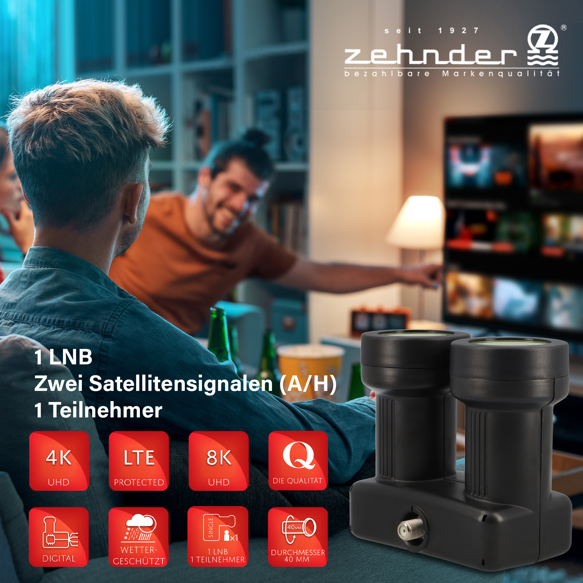 Das Bild zeigt einen schwarzen LNB-Empfänger, zwei Männer beim Fernsehen und Symbole für 4K, LTE, 8K und andere Funktionen.