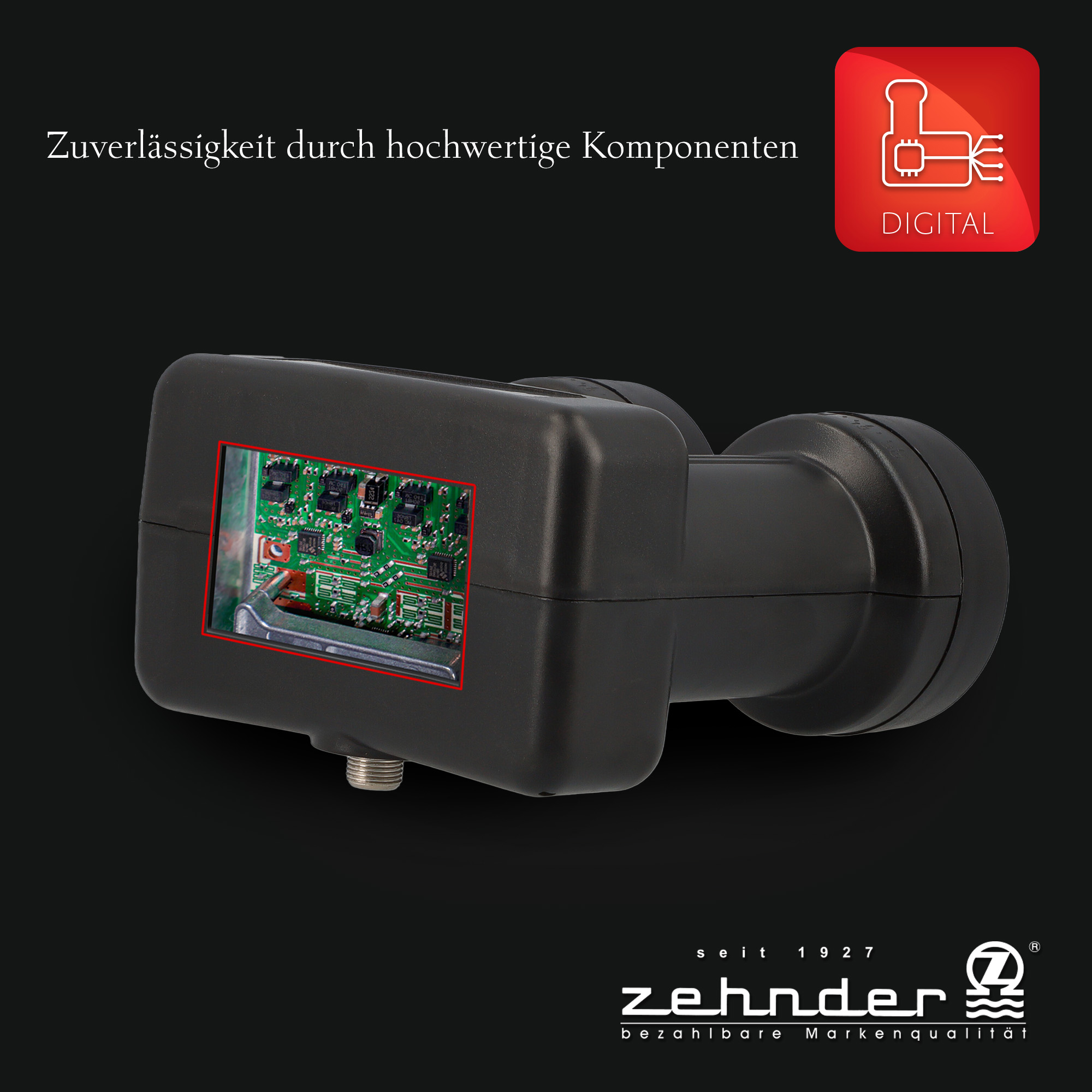Schwarzer Satellitenempfänger mit Detail der Platine, rotes digitales Logo und Zehnder-Logo auf schwarzem Hintergrund.