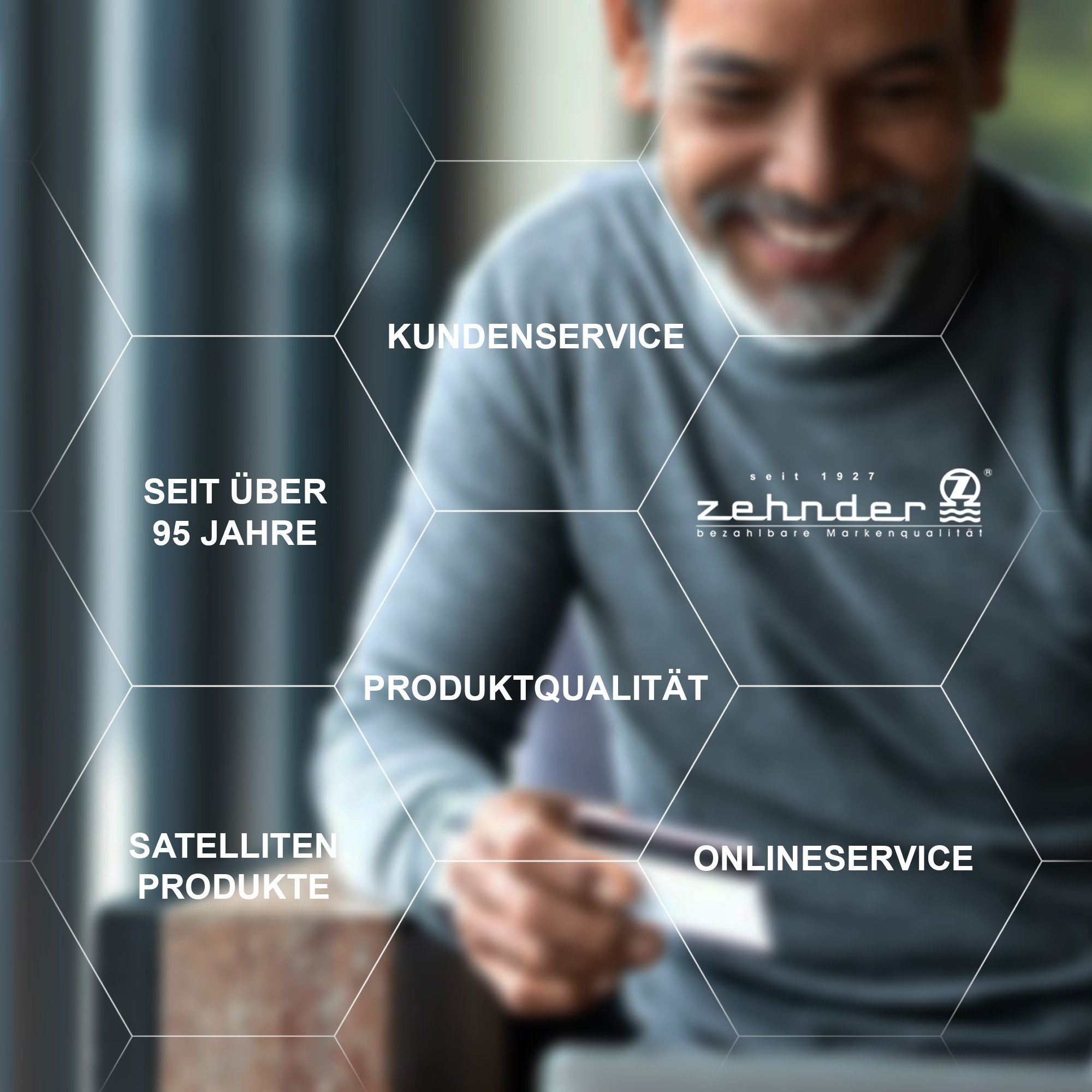 Ein Mann lächelt, während er eine Kreditkarte hält. Zehnder-Logo mit Text wie 'Kundenservice' und 'Produktqualität'.
