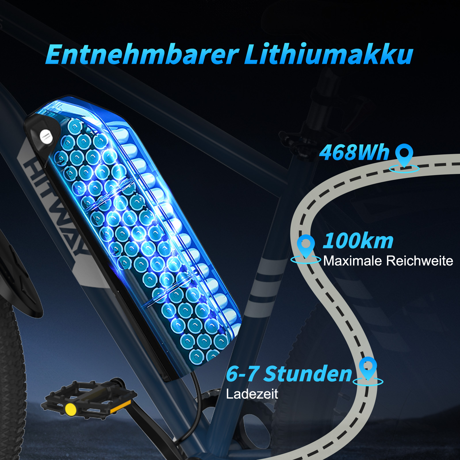 Ein E-Bike mit abnehmbarem Akku. Text-Overlay zeigt Akkuspezifikationen und Reichweitendetails. Das Fahrrad ist blau.