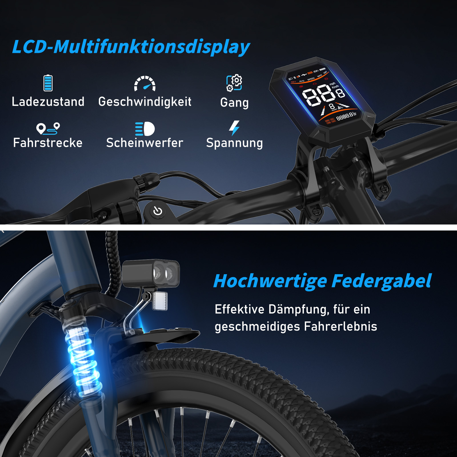 Ein E-Bike-Display zeigt Geschwindigkeit und Akku an. Vorderrad und Federung sind sichtbar. Text auf Deutsch.