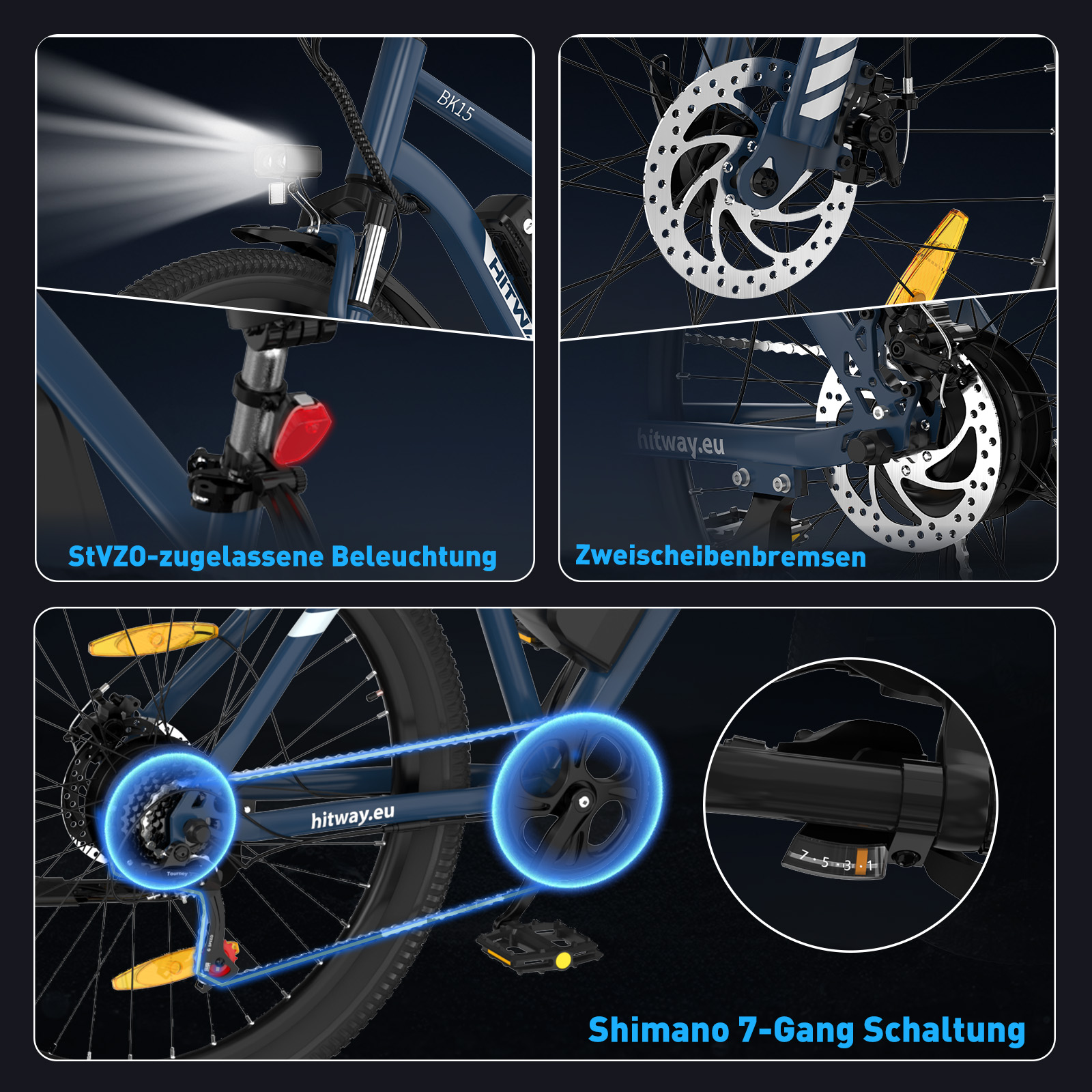 Detailaufnahmen eines blauen Fahrrads mit Lichtern, Scheibenbremsen, Gängen und Shimano 7-Gang-Schaltung.