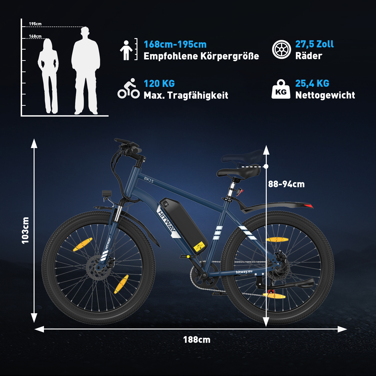 Blaues HITWAY E-Bike mit Spezifikationen: 188cm lang, 103cm hoch, 27,5 Zoll Räder, 120kg max. Belastung, 25,4kg Nettogewicht.
