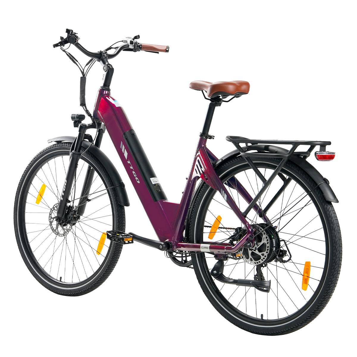 Fioletowy rower elektryczny TTGO. Ma czarne opony, brązowe siodełko i bagażnik nad tylnym kołem. Rama jest fioletowa.