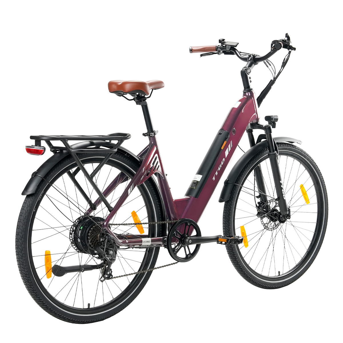 Bordowy rower elektryczny z czarnymi oponami i brązowym siodełkiem, na białym tle.