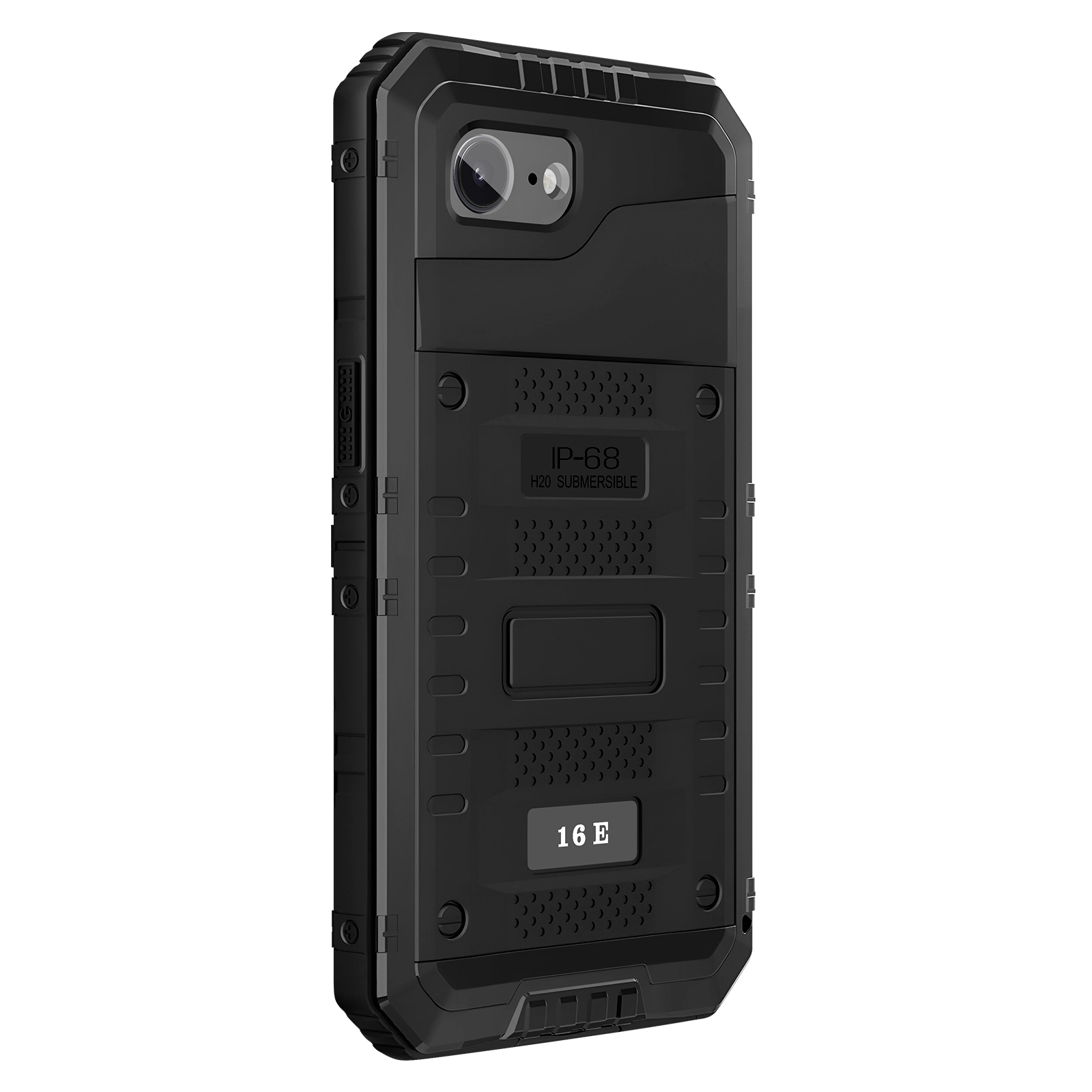 Zwarte, robuuste telefoonhoes met camera, knoppen en tekst: IP-68 H20 Onderwater en 16 E.