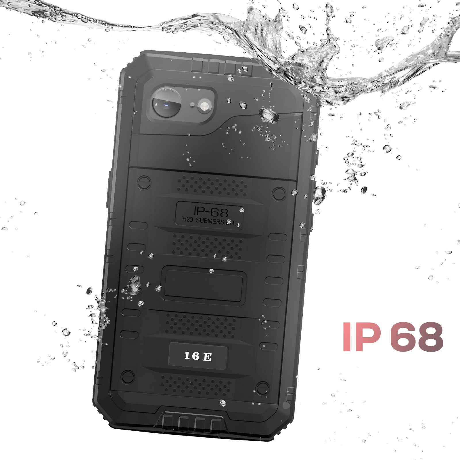 Zwarte waterdichte telefoonhoes ondergedompeld in water. Druppels en spatten omringen de telefoon. Tekst: IP68, 16 E.