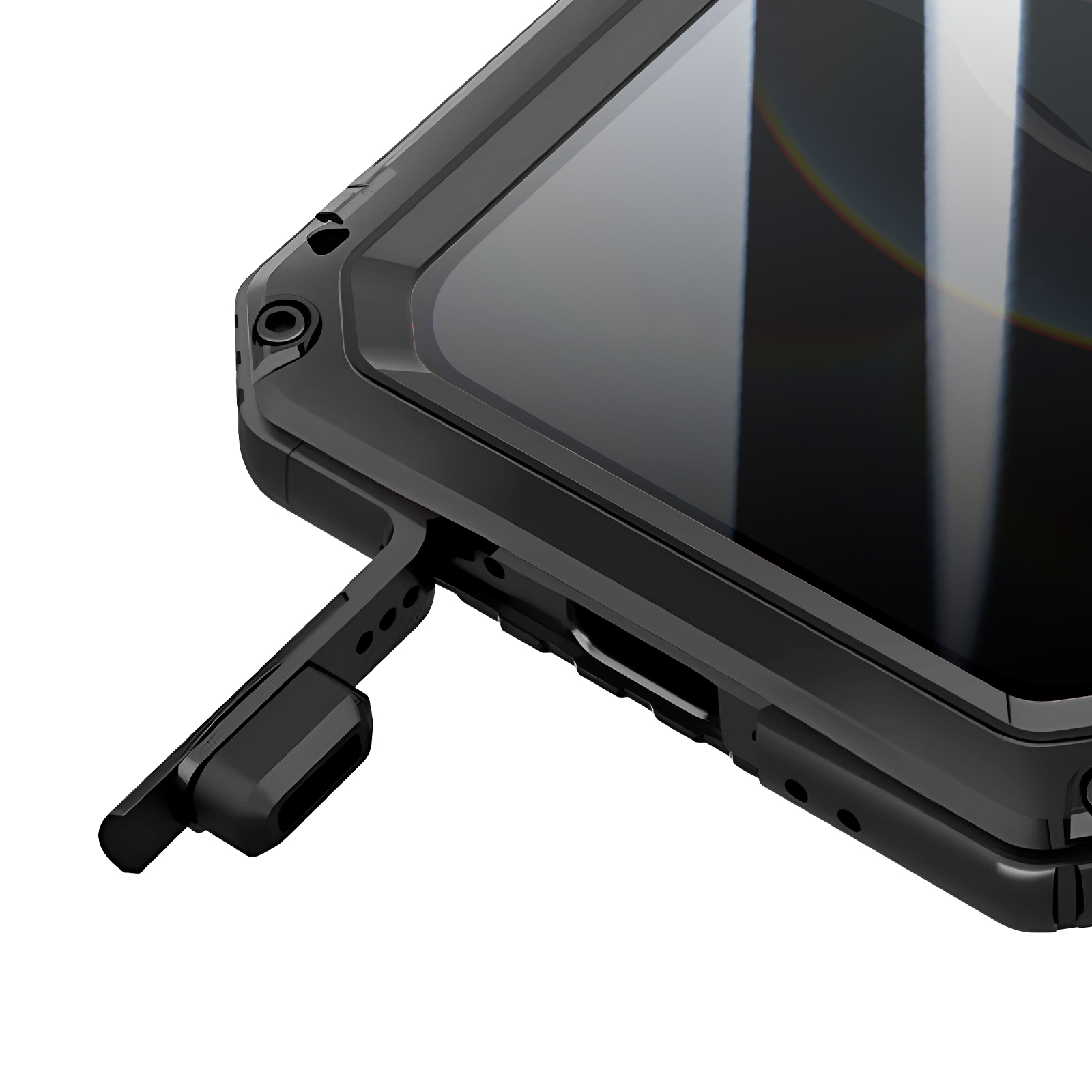 Close-up van een zwarte telefoonhoes met scherm. Een poortafdekking is open. De hoes heeft een robuust ontwerp.