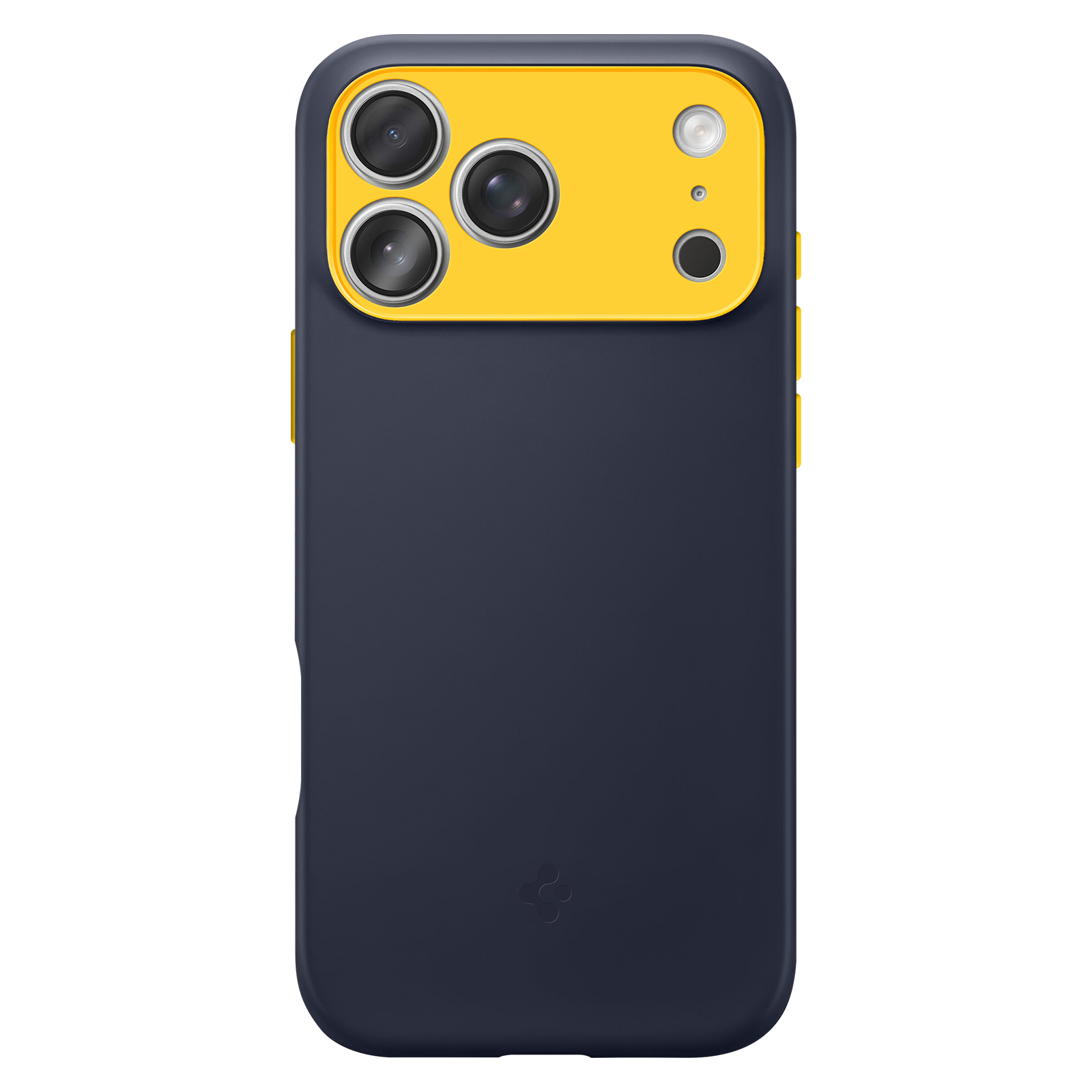 Una custodia per telefono blu scuro con una sezione fotocamera gialla. Ha più lenti e un flash.