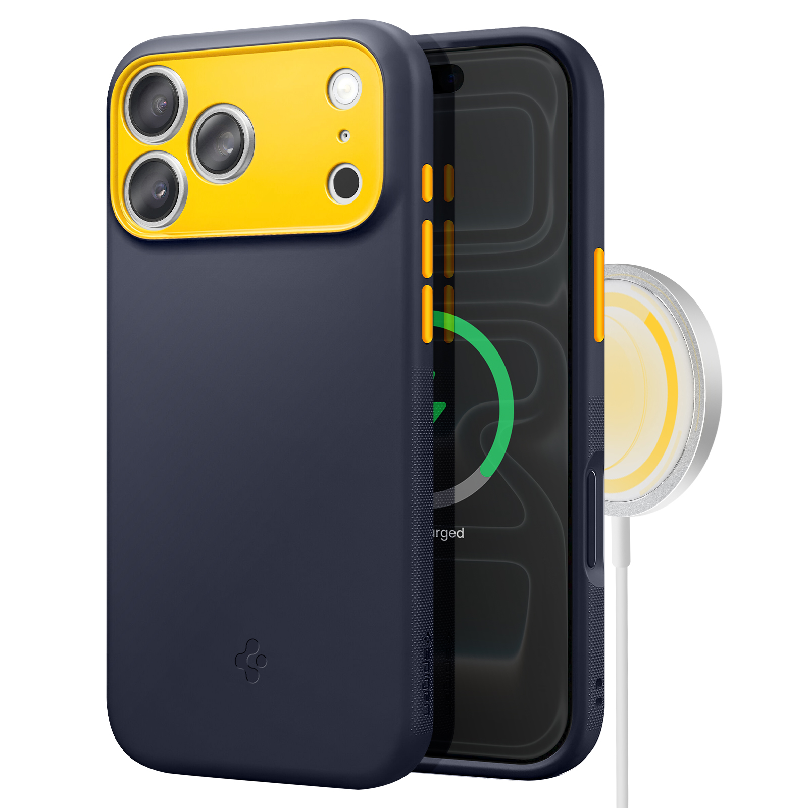 Una custodia blu navy con zona fotocamera gialla e un telefono che mostra una schermata di ricarica. Accanto c'è un pad di ricarica bianco.