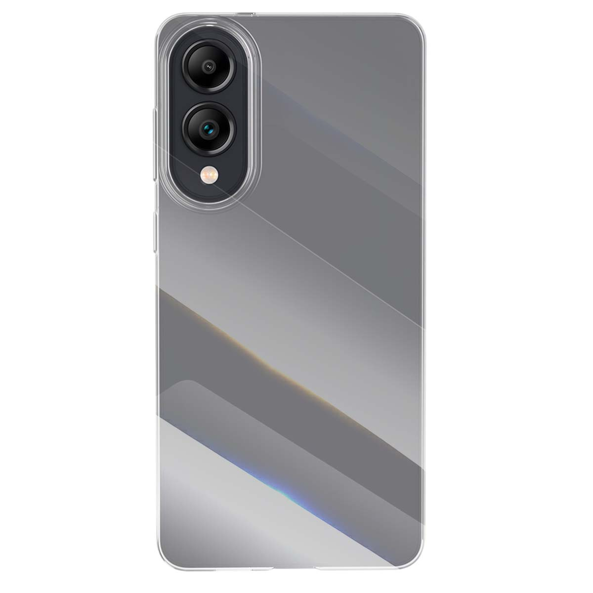 Una custodia trasparente per telefono con modulo fotocamera. La custodia ha un design grigio sfumato. Il modulo fotocamera ha tre lenti.