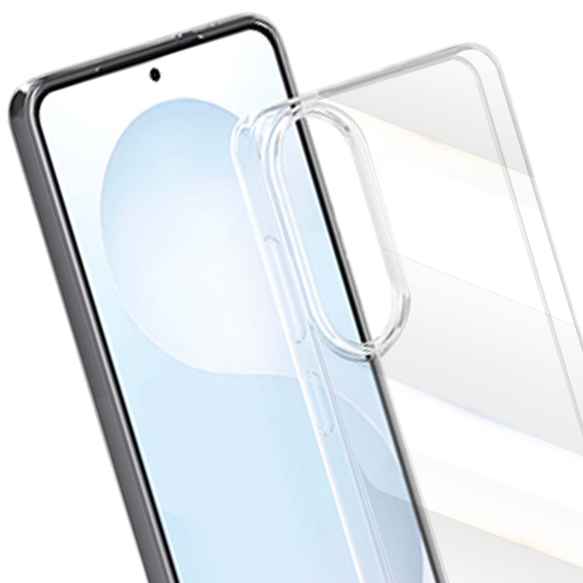 Uno smartphone con una custodia protettiva trasparente. Il telefono ha una cornice nera, uno schermo bianco e un piccolo punto nero.