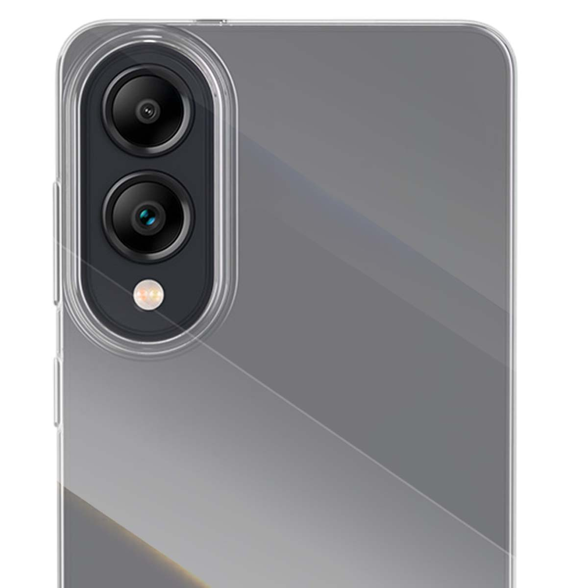 Primo piano della parte posteriore di uno smartphone. Presenta un sistema di fotocamera a doppia lente e una custodia protettiva trasparente. La superficie del telefono è grigia.