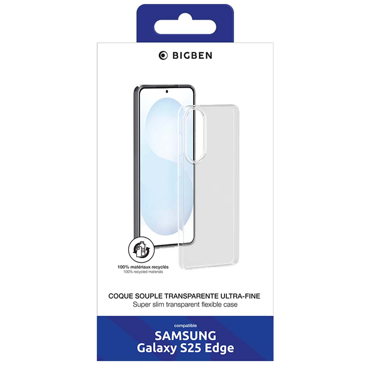 Una scatola di custodia per telefono con una custodia trasparente e l'immagine del telefono. Il testo include 'BIGBEN' e 'SAMSUNG Galaxy S25 Edge'.