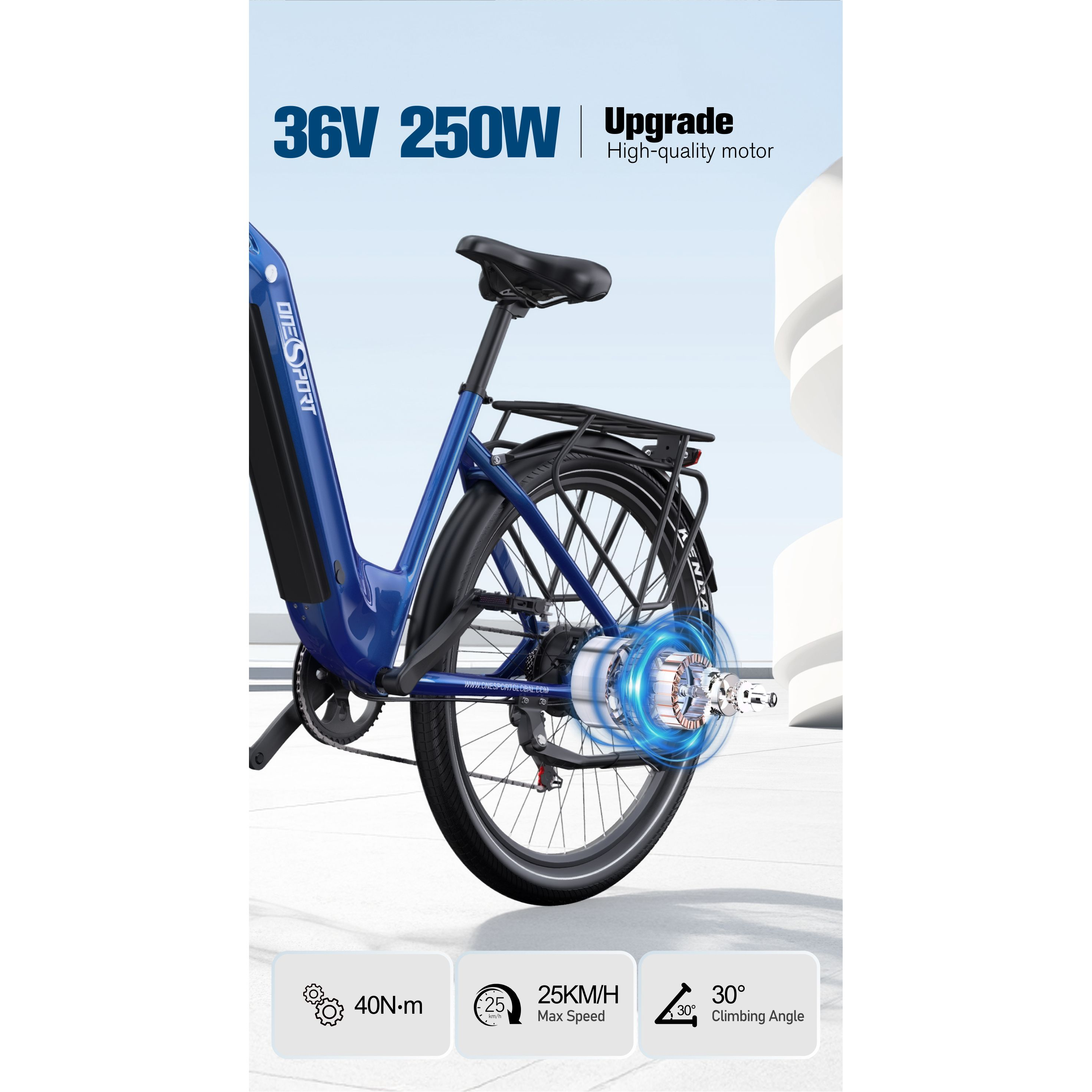 Blaues Elektrofahrrad mit schwarzem Sitz und Gepäckträger, weißer Hintergrund, Text über Spezifikationen.