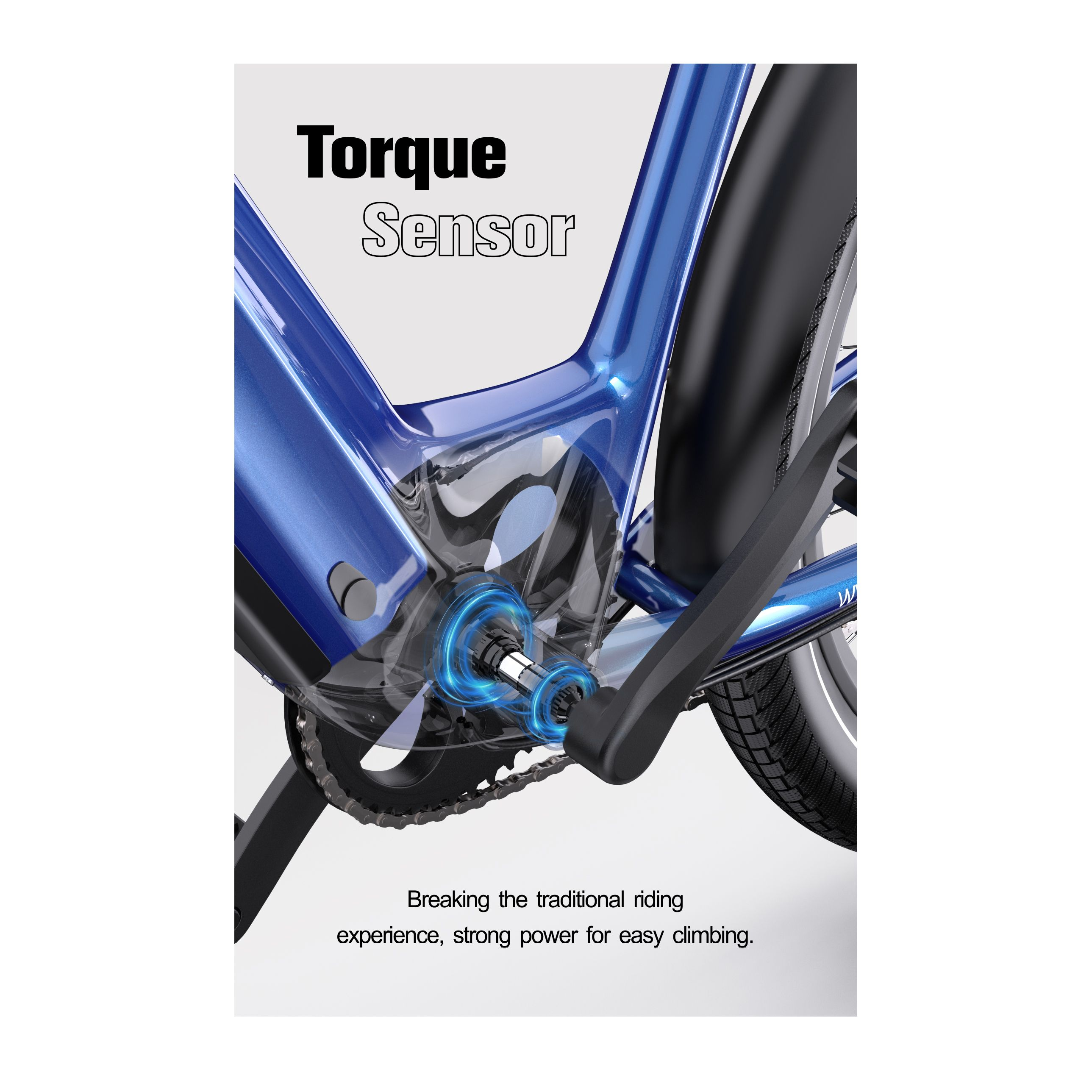 Blauer Fahrradrahmen mit Text, Kette und Sensor. Text: Torque Sensor. Brechen Sie die Erfahrung, starke Leistung.