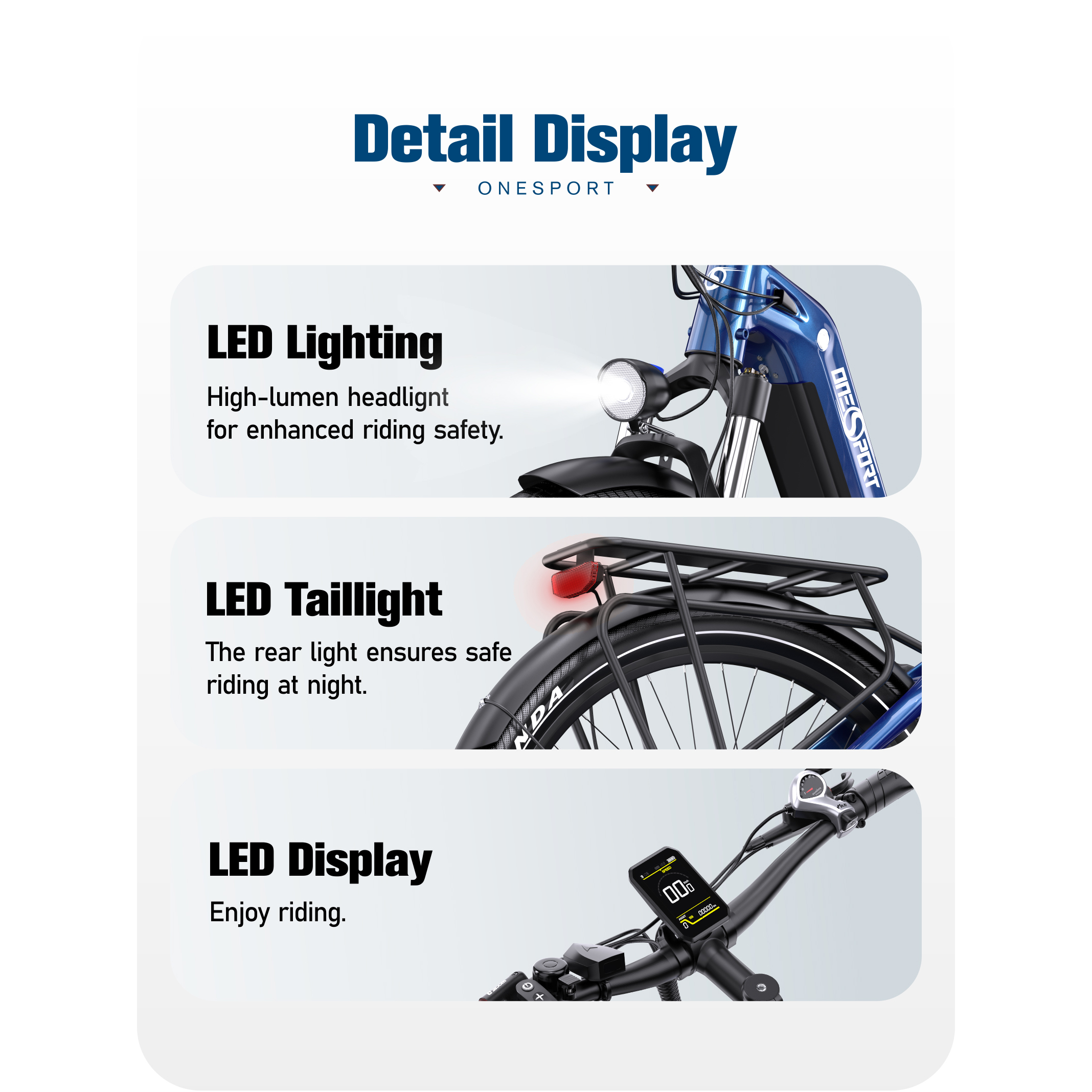 Das Bild zeigt ein Elektrofahrrad mit LED-Beleuchtung, Rücklicht und Display. Zeigt den Namen ONESPORT.