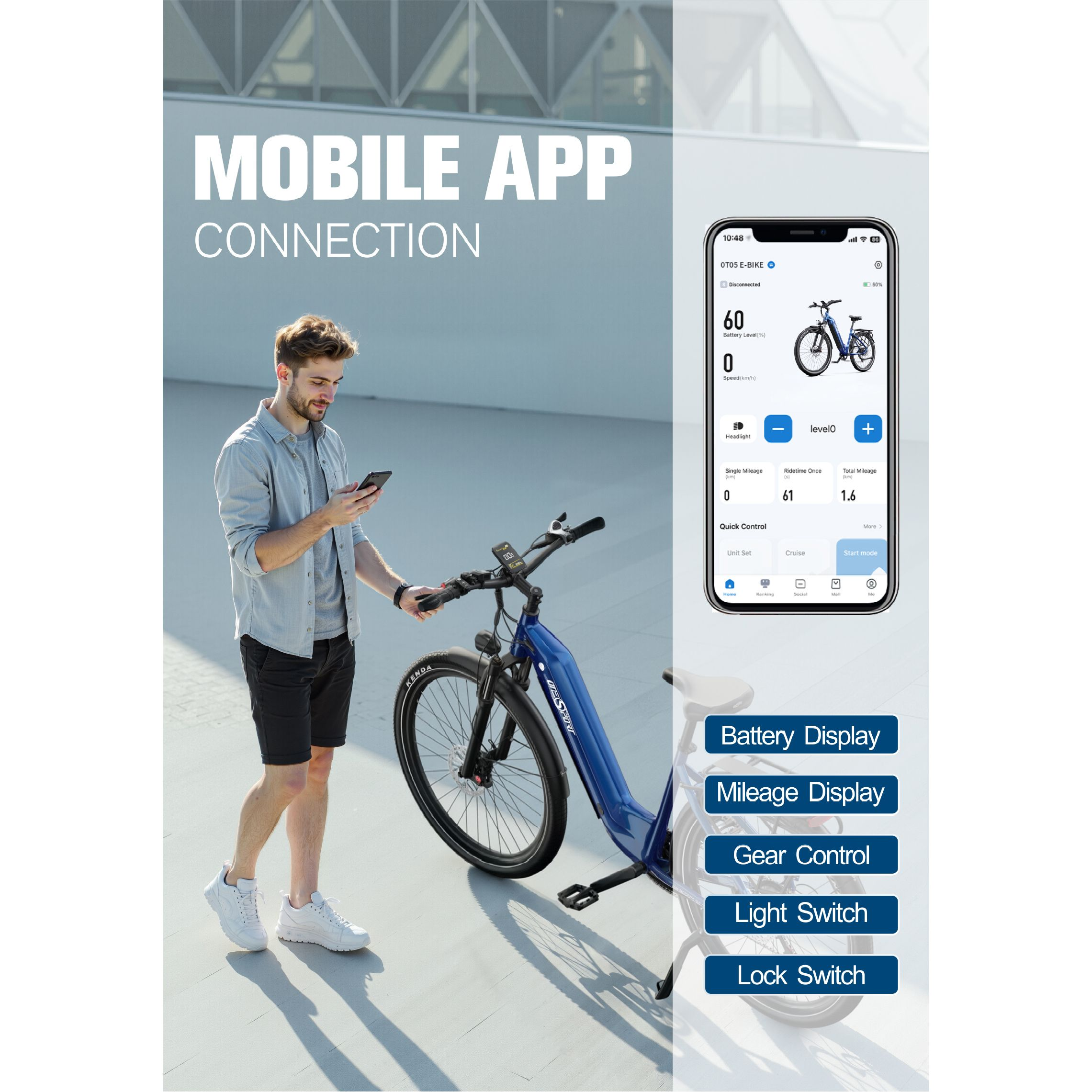 Mann mit Handy neben blauem Fahrrad, App-Bildschirm zeigt Statistiken. Text überlagert mit 'Mobile App Connection'.