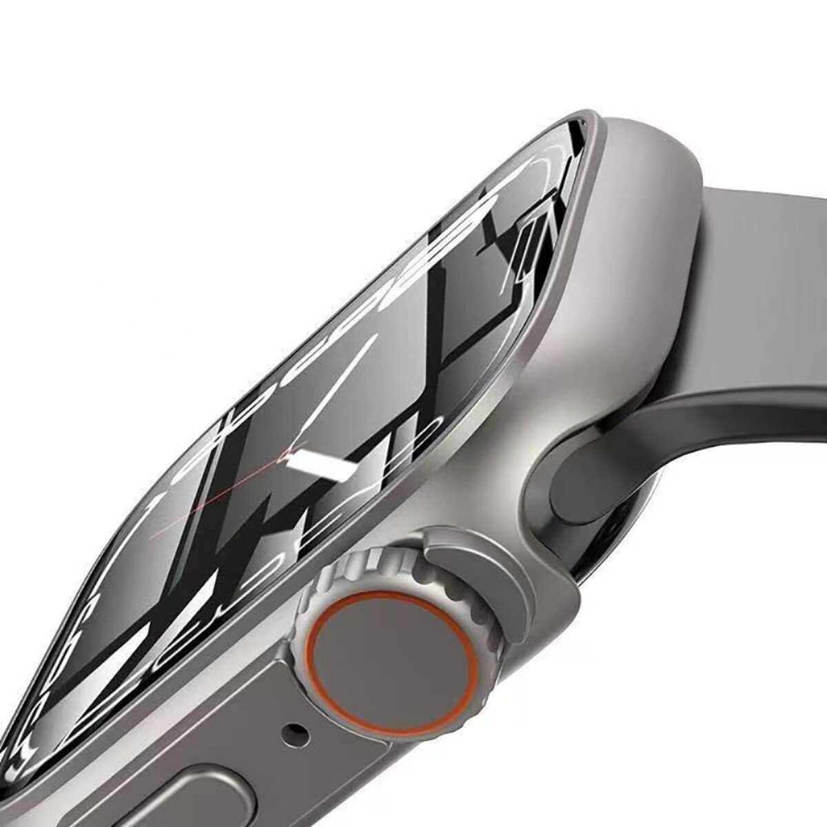 Gros plan d'une montre intelligente argentée. Le cadran est noir avec des marques blanches. Un cadran orange est visible.