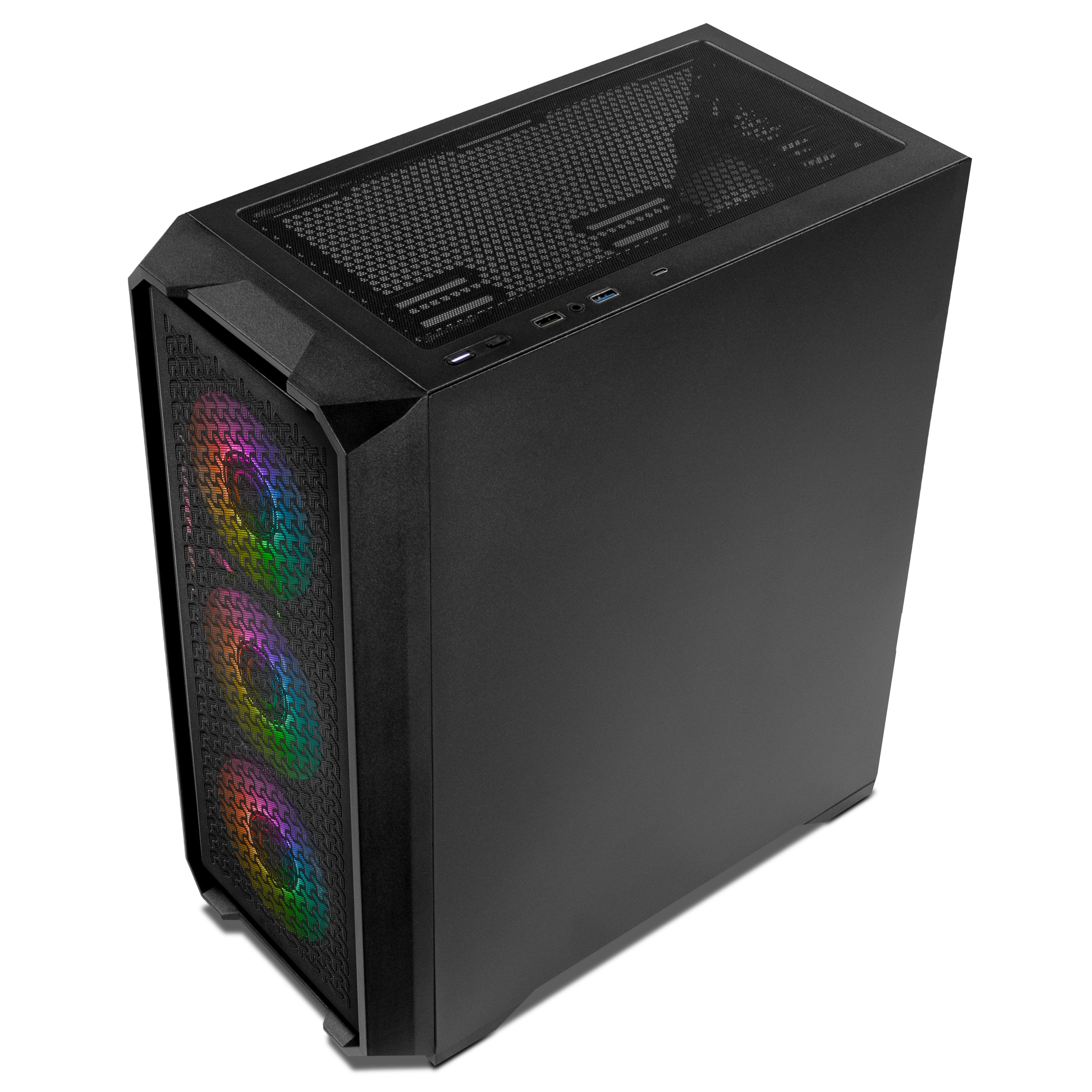 Carcasa de ordenador negra con frontal y panel lateral de malla. Ventiladores RGB visibles. Parte superior con malla y puertos.
