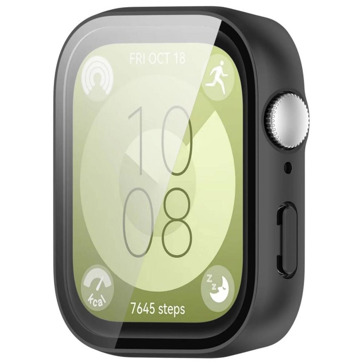 Black smartwatch with a screen displaying time, date, and activity data. It has a protective case and a silver button.