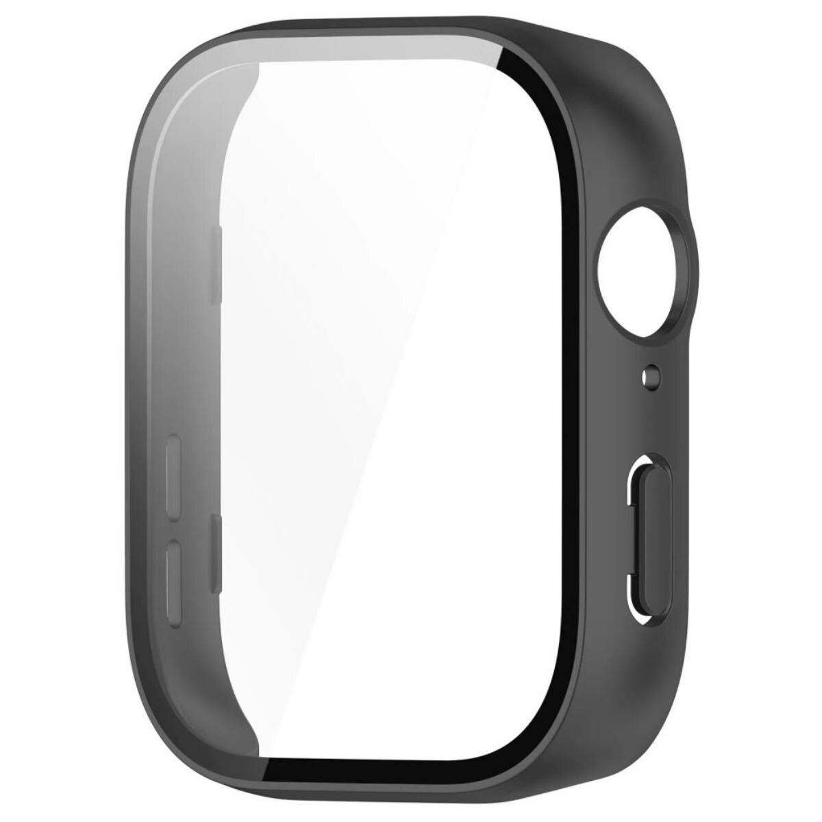 A black protective case for a watch with a clear screen protector. It has button and speaker cutouts.