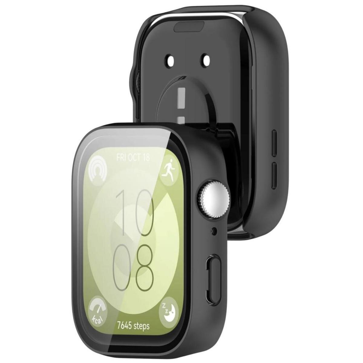 A black smartwatch in a protective case. The screen displays time, date, and activity stats. A silver button is visible on the side.