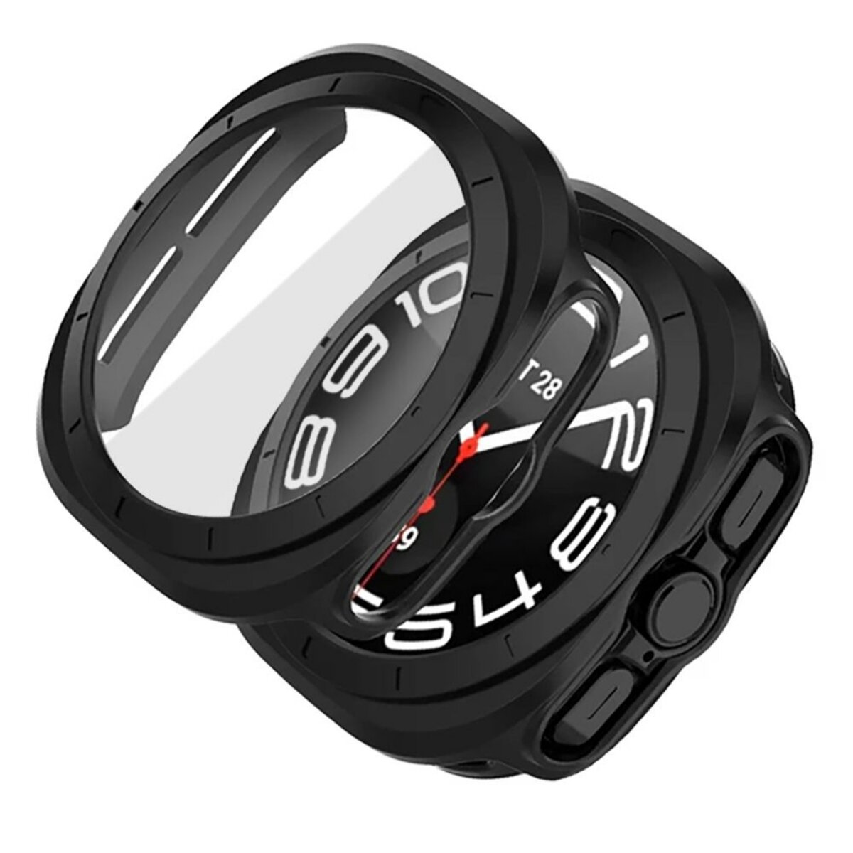 Une smartwatch noire avec un étui de protection. Le cadran affiche des chiffres et des aiguilles. L'étui est également noir et a des boutons.