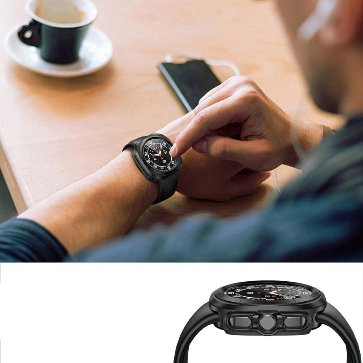 Une personne portant une montre intelligente noire touche l'écran. Une tasse de café et un téléphone sont sur la table.