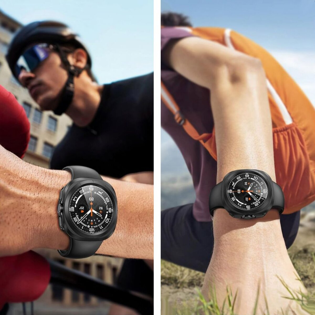 Deux personnes portant des montres intelligentes noires. L'un fait du vélo, l'autre de la randonnée. Les deux montres ont des cadrans ronds et des bracelets noirs.