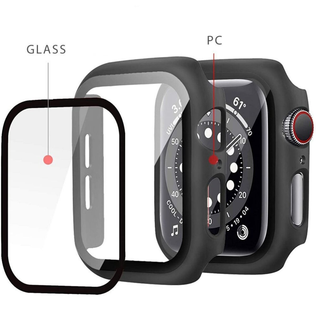 Un étui de montre intelligente noir avec un protecteur d'écran en verre séparé est illustré. Les étiquettes indiquent les matériaux 'GLASS' et 'PC'.